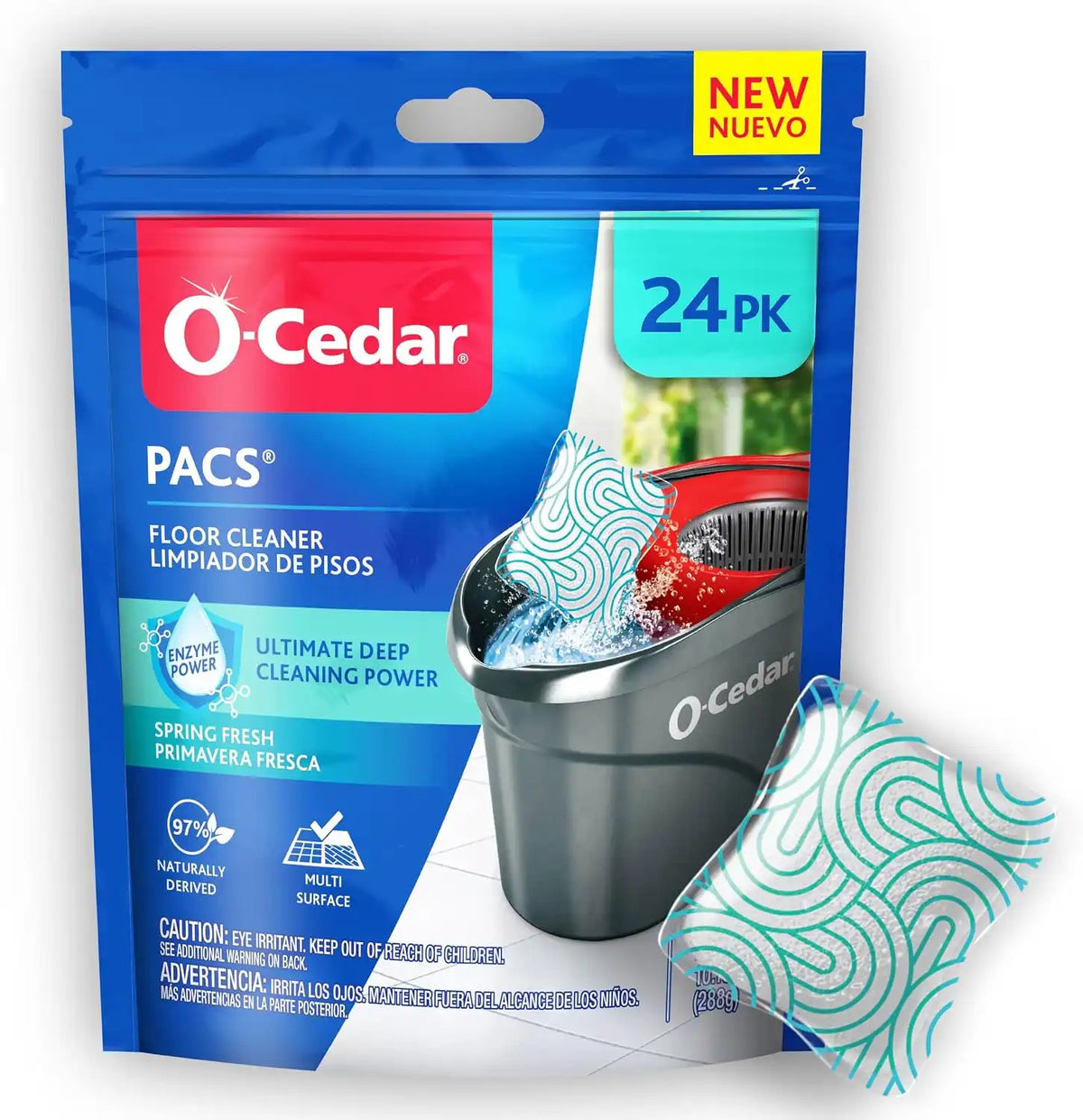 O-Cedar PACS Floor Cleaner, Spring Fresh Scent | Enzyme-Powered Pods for Streak-Free Cleaning on Wood, Tile & Laminate Floors, 24 Count (Pack of 6)